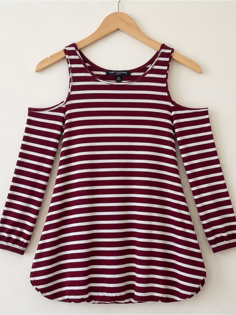 one clothing Burgundy and White Striped Cold-Shoulder Long Sleeve Top